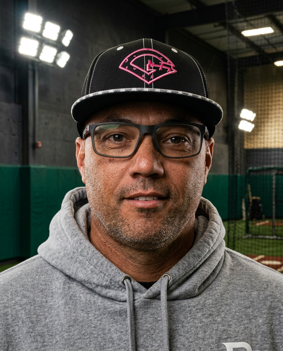 Coach Dustin Brundage inside a baseball training facility